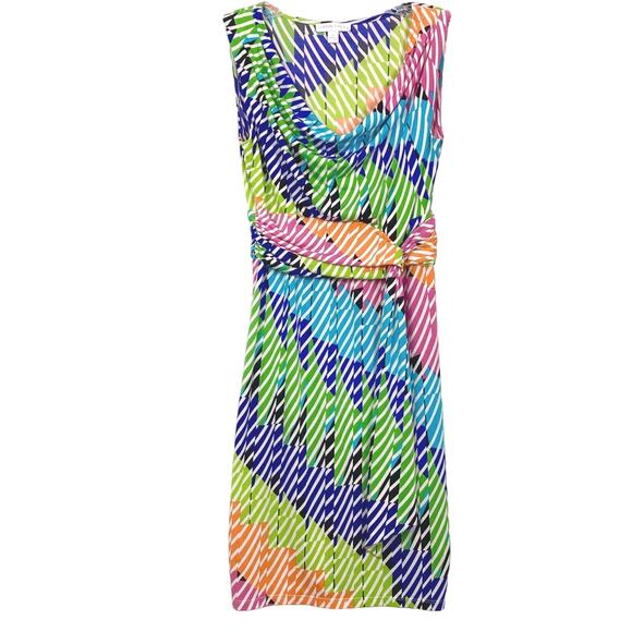 NWOT LONDON TIMES Dress 6 Rainbow Stripe Ruched Tie Knee Stretch Sleeveless